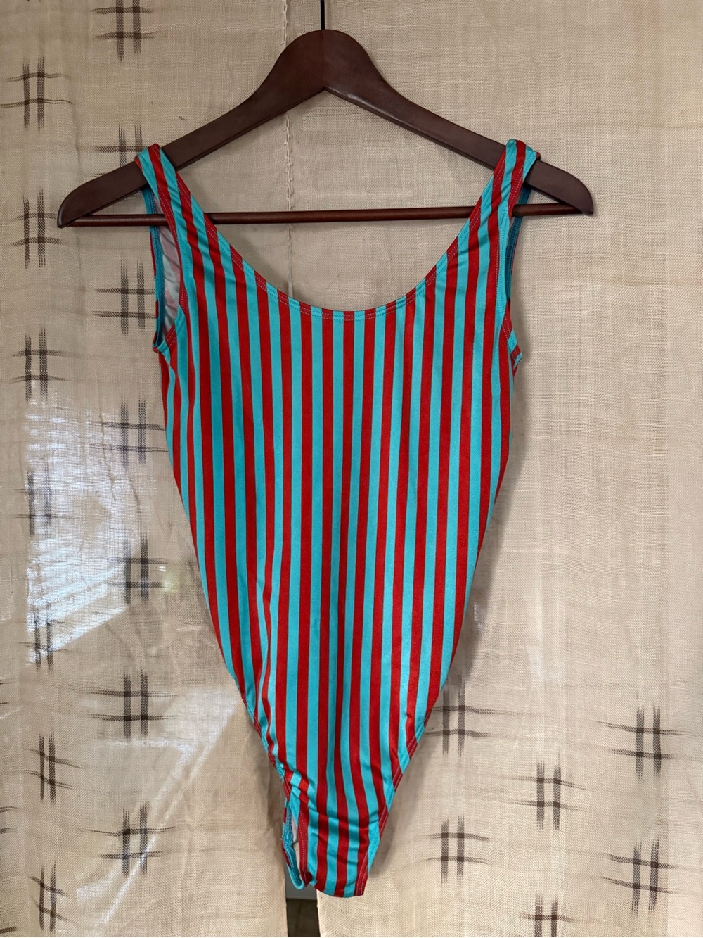 Retro American Apparel Striped One-Piece Swimsuit in Turquoise and Red